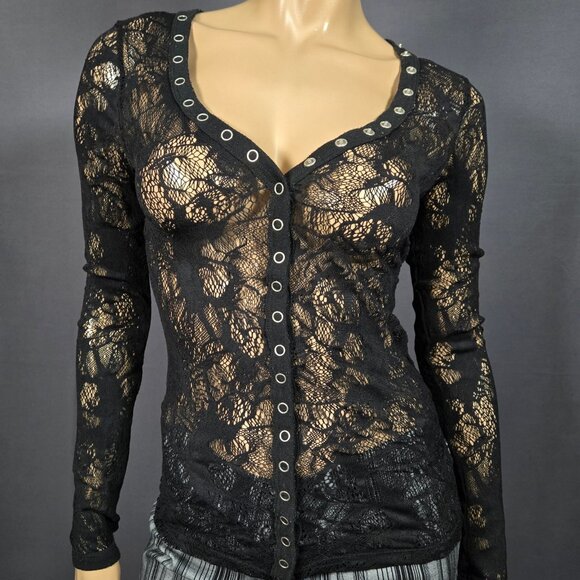 Y2K Black Lace Gothic Fairy Top Size S V Neck Semi Sheer Snap Buttons Whimsigoth - Picture 1 of 7
